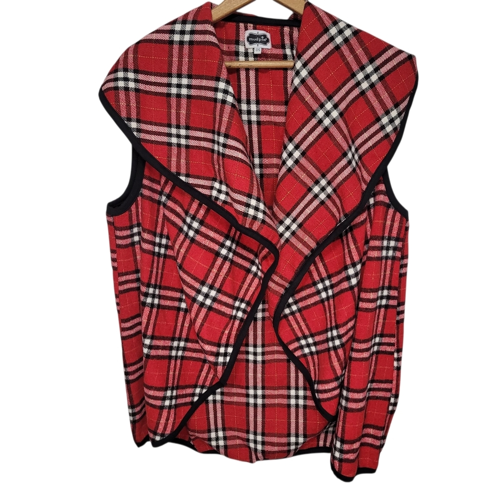 Mudpie Red Plaid Fleece Open Front Vest Women's One Size Festive Cozy Winter